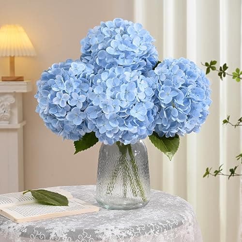 4 Pcs Blue Hydrangea Artificial Flowers, Latex Real Touch Hydrangea Flowers, 19.6'' Full Faux Hydrangea Flowers Fake Flowers for Home Decor Party Wedding Centerpiece Bouquet Floral Arrangements thumbnail 4