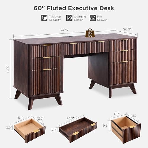T4TREAM Fluted Executive Desk with Drawers, 60" Modern Home Office Computer Desk with Charging Station, File Cabinet, Keyboard Tray and Storage Cabinet for Study, Living Room, Bedroom, Dark Walnut thumbnail 2