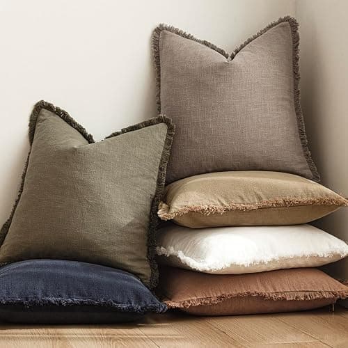 Foindtower Set of 2 Decorative Linen Fringe Throw Pillow Covers Boho Farmhouse Cushion Cover with Tassels Soft Accent Pillowcase for Couch Chair Sofa Bed Living Room Home Decor,20×20 Inch,Brown Tan thumbnail 6