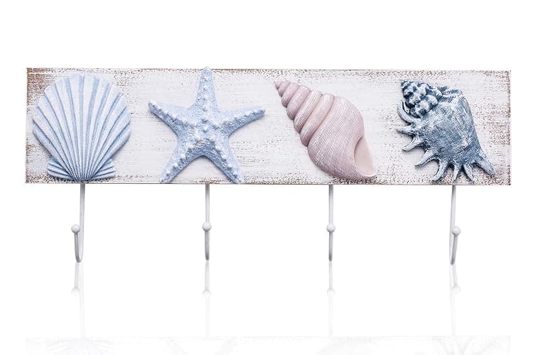 TideAndTales Beach Decor Seashell Wall Hooks Towel Rack for Bathroom, Bedroom or Kitchen | 4 Strong Hooks | Ocean Theme Beach House Decor - Image 1