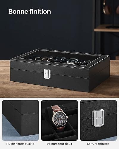 SONGMICS Boîte à Montres, 12 Emplacements, Coffret à Montres, Écrin, Couvercle en Verre, Coussinets Amovibles, Serrure en Métal, Revêtement en Noir et Doublure en Noir JWB12B thumbnail 4