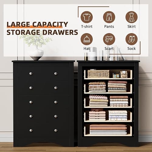 Flamaker Tall Dresser for Bedroom, 5 Drawer Dresser, Wood Dressers, Wide Chest of Drawer, Storage Drawers, Storage Organizer for Closet, Hallway (Black) thumbnail 3