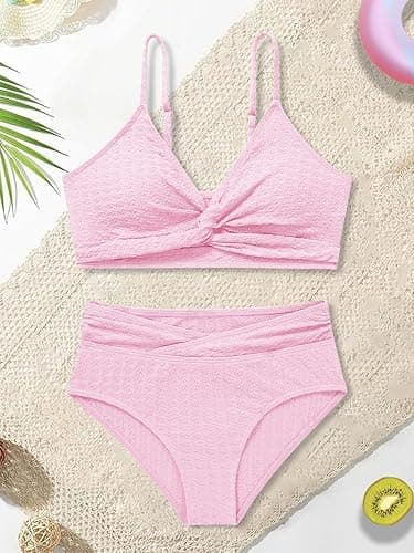Girls Swimsuit Solid Bathing Suit 2 Piece Twist Cross Adjustable Straps Soft Lining Bikini for Teen Girls with Chest Pad thumbnail 2