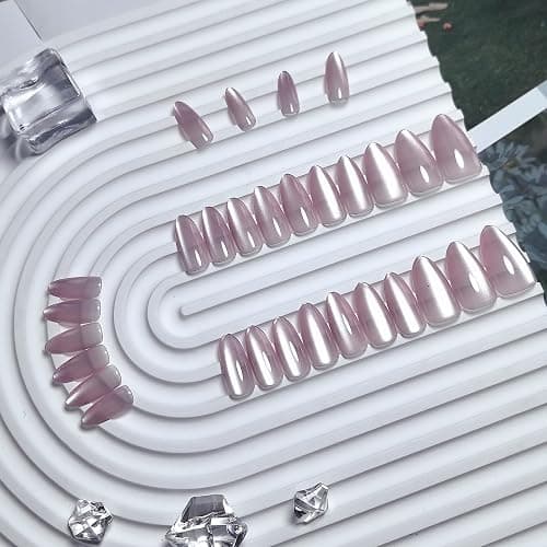 KQueenest Dusty Pink Cat Eye Press on Nails Almond Shape, 30 Pcs Glitter Fake Nails Medium Long, Semi-Transparent Sparkle Glass Nails Press on, Shiny Acrylic Nails, Bling Stick on Nails for Women thumbnail 3