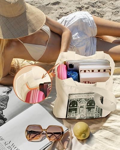 Miss Adola Large Canvas Tote Bag for Women - with Zipper and Inner Pocket Aesthetic Cute Shoulder Bag for Shopping Daily thumbnail 5