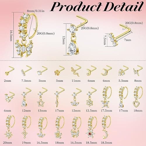 LOREMOW 25Pcs 20G Gold Dangle Nose Ring for Women Men Surgical Steel L Shaped Nose Stud CZ Flower Teardrop Dangling Nose Rings Moon Star Nose Rings Hoop Hypoallergenic Cross Heart Butterfly Dangle Nose Piercing Jewelry thumbnail 2
