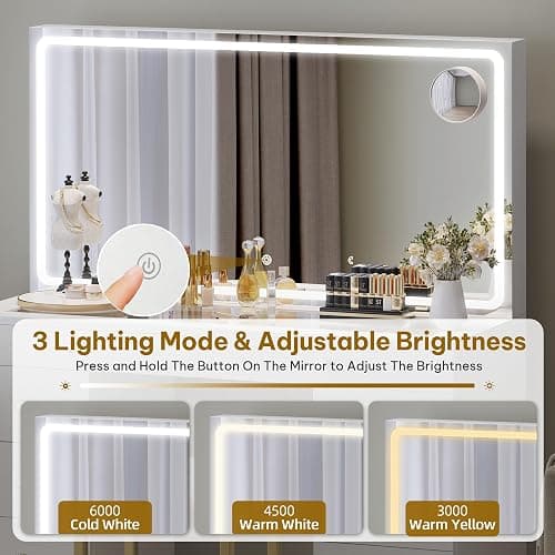 DWVO White Vanity Desk with Mirror: Makeup Table with Power Outlets & 8 Drawers 3-Mode LED Mirror, Storage Stool for Dressing Room thumbnail 3