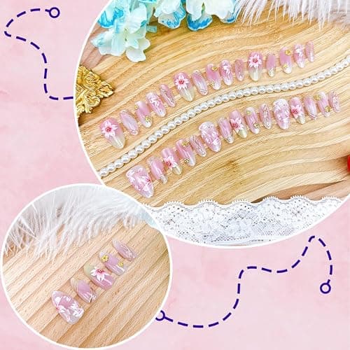 30Pcs Shiny Pink Press on Nails Medium Almond Fake Nails with Gold Beads 3D Flowers Designs Spring Acrylic Nails Peach Blossoms False Nail Gradient Pink Flower Full Cover Stick on Nails for Women thumbnail 3