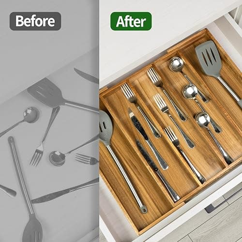VaeFae Acacia Kitchen Silverware Organizer, Cutlery Drawer Organizer with 5 Compartments, Wooden Utensil Holder for Flatware and Cooking Tools thumbnail 5