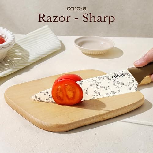 CAROTE 12PCS Knife Set, Kitchen Knife Set with 6 Blade Guards, Stainless Steel Knives Set With Nonstick Ceramic Coating, Rustproof, Delicate Floral Designs, White thumbnail 2
