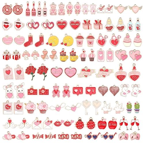 SANNIX 110pcs 55 Pairs Valentine's Day Charms - Gold Enamel Heart Charms - Pink, Red, White - DIY Craft Bracelets, Necklace, Earrings - Jewelry Making - Valentine's Day Gifts - Image 1