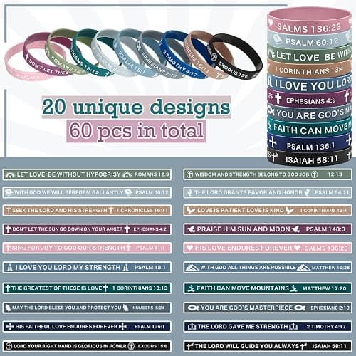 Minatee 60 Pcs Bible Verse Christian Bracelets Bulk, Classic Colors | Motivational Christian Rubber Bracelets, Jesus Silicone Wristbands Inspirational Gifts for Men Women, Inspirational Gifts thumbnail 3