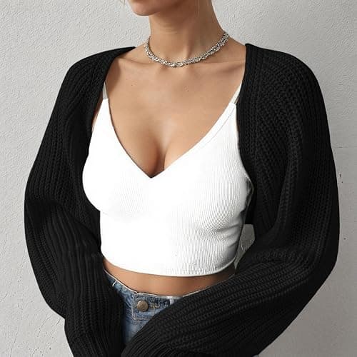Fuimsul Women Open Front Ribbed Knit Crop Bolero Drop Shoulder Long Sleeve Solid Loose Fit Knitted Crop Cardigan Shrug thumbnail 6