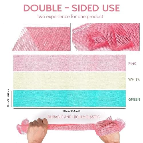 UJFQBH 3 Pieces African Net Sponge, African exfoliating net African Net Long Net Bath Sponge Exfoliating Shower Body Scrubber Back Scrubber Skin Smoother（Pink, Green, Off-White） thumbnail 3
