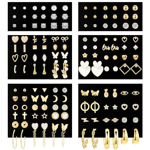 70 Pairs Gold Stud Earrings Set for Women Multipack, Trendy Hypoallergenic Pearl Cubic Zirconia Multiple Piercings Earrings Packs, Chunky Hoops Earrings for Gift Jewelry - Image 1