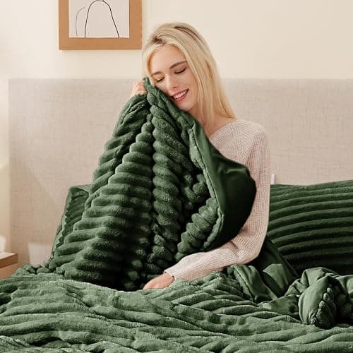 EXQ Home Fluffy Comforter Set Queen Size - Super Soft Faux Fur Stripe Jacquard Comforter 3 Pieces, Olive Green Fleece Bedding Set,Winter Warm Bed Set,1 Comforter with 2 Pillowcases thumbnail 2