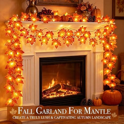 Timer&3 Pack Halloween Fall Decor 30Ft Fall Garland with Lights 60LED | Patented Realistic Maple Leaves Garland Halloween Fall Decorations for Home, Battery Operated Waterproof Thanksgiving Decor thumbnail 7
