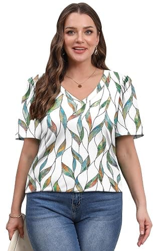 OFEEFAN T Shirts for Women V Neck Dressy Casual Blouses Puff Short Sleeve Summer Tops Loose Fit thumbnail 3