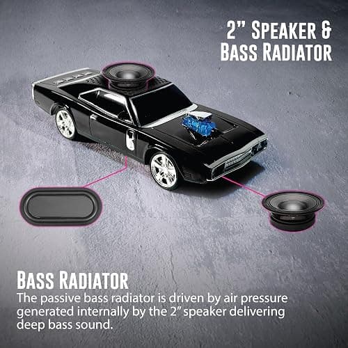 QFX Bluetooth 1968 Retro Muscle Car Replica Speaker, Dual 2-inch Speakers, Hands Free Link, Built-in Microphone, FM Radio and LED Party Lights, Black - BT-1968-BLK | Dual 2" Speakers, Hands-Free Link, Built-In Microphone, FM Radio, LED Party Lights thumbnail 7