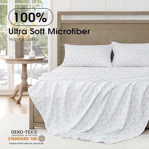 FreshCulture Floral Bed Sheets - Ultra Soft Queen Sheet Set - Brushed Microfiber Blue Floral Sheets - Deep Pockets up to 16" - Easy Care - Hotel Luxury 4 Piece Flower Printed Sheets Queen, Lille thumbnail 3