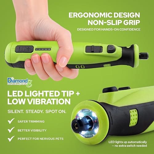 Diamondg Cordless Dog Nail Grinder with Quiet Sound & LED Tip for Large & Small Dogs, 4hrs. Runtime, 2 Bits Included, Green thumbnail 4