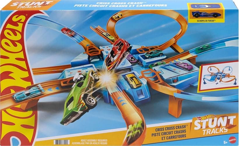 Hot Wheels Track Set with 1:64 Scale Toy Car, 4 Intersections for Crashing, Powered by a Motorized Booster, Criss-Cross Crash Track (Amazon Exclusive) thumbnail 6