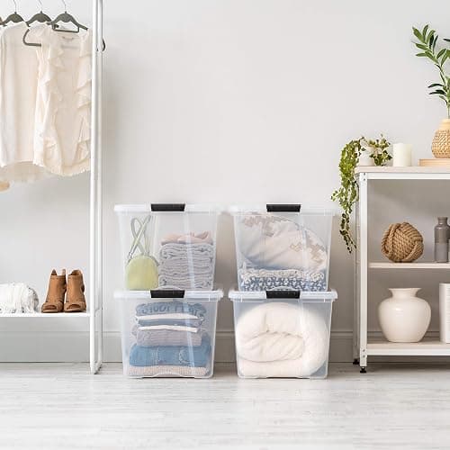 IRIS USA 72 Qt Stackable Plastic Storage Bins with Lids, 6 Pack - BPA-Free, Made in USA - See-Through Organizing Solution, Latches, Durable Nestable Containers, Secure Pull Handle - Clear thumbnail 2