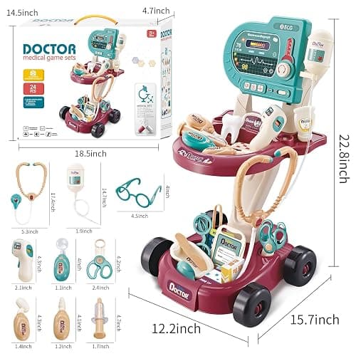Deejoy Toy Doctor Kit for Kids，Doctor Role Play Costume，Medical Bag，Eye Chart，Thermometer，Stethoscope，Pulse Machine，24 Piece Pretend Medical Station Set for Boys & Girls ，Great Gift for Toddler thumbnail 2