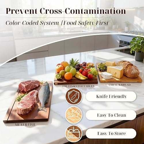 Book Cutting Board Set with Wooden Stand for Home Cooks | 3 Labeled Boards for Fruits Veggies,Meat Fish,Bread Cheese Organized Prep,No Cross Contamination thumbnail 7