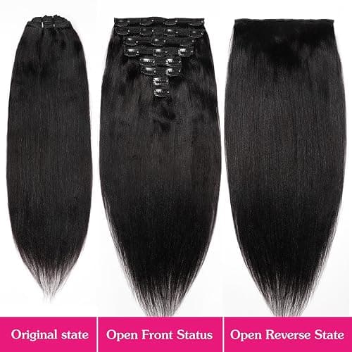 Yaki Straight Clip in Hair Extensions, 120G Full Head Real Human Hair Clip for Women Seamless Yaki Clip ins Hair Extensions for Thin Hair Natural Black 8Pcs Hair Pieces with Secure Clips (14inch-120g) thumbnail 2