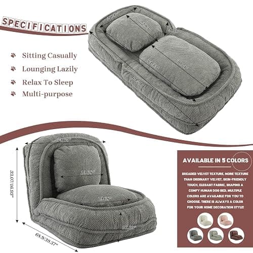 Upholstered Human Dog Bed for Adult & Pets, Convertible Lazy Sofa Bed with 5 Adjustable Position, Comfy Tatami Bean Bag Lounge Chair with 2 Soft Pillows for Bedroom Living Room Office (Gray) thumbnail 7