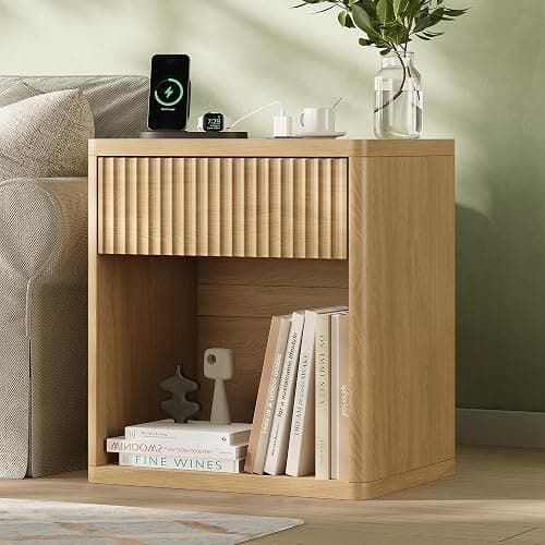 Fluted Nightstand Set of 2 with Charging Station, 21.7" Wide Modern Bedside Table with 1 Drawers Open Storage Cabinet, Wooden End Table for Bedroom, Natural Oak thumbnail 6