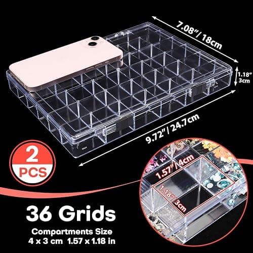 Noverlife 2 Pack 36 Grids Clear Plastic Organizer Box, Jewelry Craft Storage Container Bead Holder Nail Charm Organizer, Rock Collection Box for Fishing Tackles, Acrylic Earring Display Case for Girls thumbnail 3