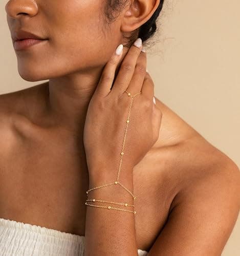 Picuzzy 14k Gold Plated Hand Chain for Women,Trendy Ring Bracelet Hand Chain Non Tarnish Beaded Cubic Zircon Infinity Finger Ring Slave Bracelet Stack Jewelry Gifts for Women thumbnail 3