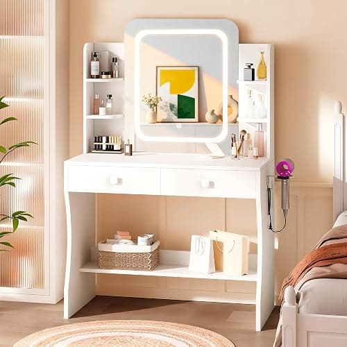LIVELYGLOW Small Makeup Vanity Desk, 29.5" W x 15.8" D x 51.2" H, White (Smart LED Mirror, Hairdryer Rack, Power-Outlet, 5 Shelves, 2 Drawers) thumbnail 9