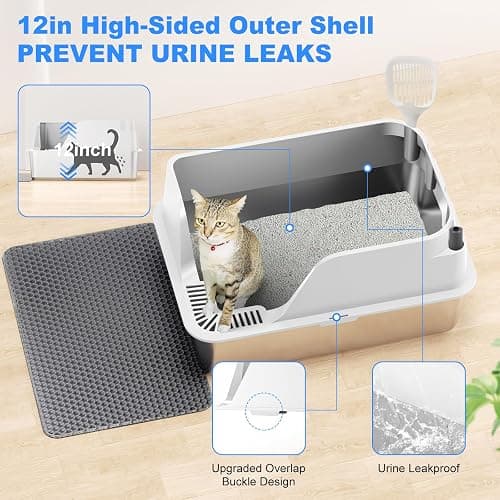 Stainless Steel Cat Litter Box with Lid, XL for Big Cats, High Sided Metal Litter Pan, Anti Leakage,Odor-Free & Easy Cleaning,Included Scoop &Trash Bag*2 & Mat & Sticker (White) thumbnail 4