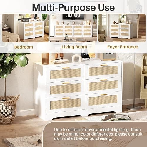 Redlife White Rattan Dresser for Bedroom, 6 Drawer Dresser with Golden Handles, Wood Storage Chest of Drawers for Closet, Living Room, Hallway and Entryway - Easy Assembly thumbnail 4