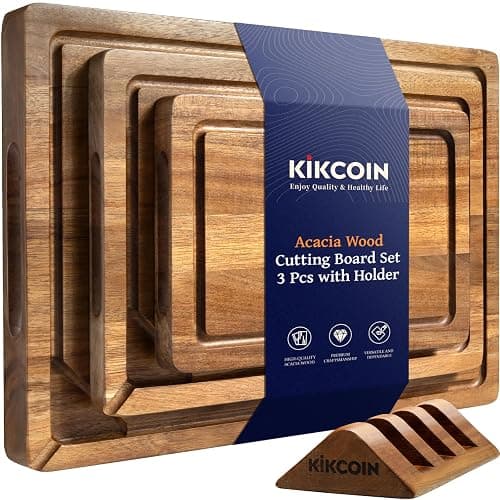 Kikcoin Wood Cutting Boards for Kitchen, 3 PCS Wooden Cutting Board Set with Holder, Chopping Board with Built-In Compartments and Juice Groove, Solid Charcuterie Board Serving Tray Wood Butcher Block - Image 1