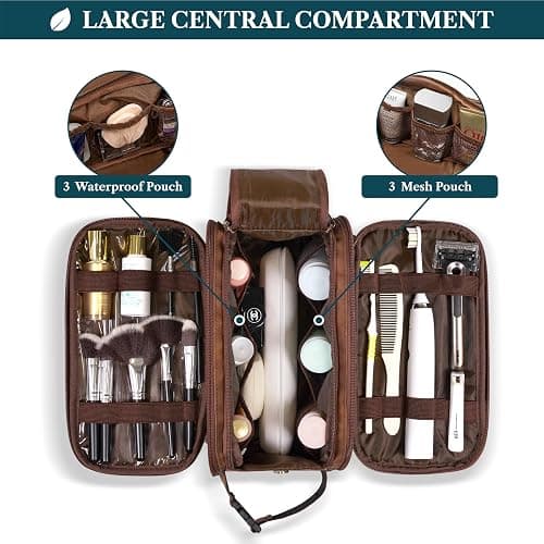 PAVILIA Toiletry Bag for Men Women, Mens Travel Bag Toiletries Organizer Case for Grooming, Travel Essentials Shaving Dopp Kit, PU Leather Water Resistant Cosmetic Pouch, Brown thumbnail 6