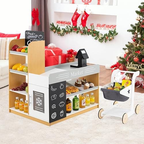 HONEY JOY Kids Grocery Store Playset, Wooden Play Store with Shopping Cart, Toddler Supermarket Checkout Stand w/Blackboard, Display Shelves, Grocery Store Pretend Play, Gift for Boys Girls, Natural thumbnail 9