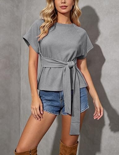 Zhiyouni Women's Summer Short Sleeves Tee T Shirt Crewneck Tie Knot Tops Sweatshirt thumbnail 2