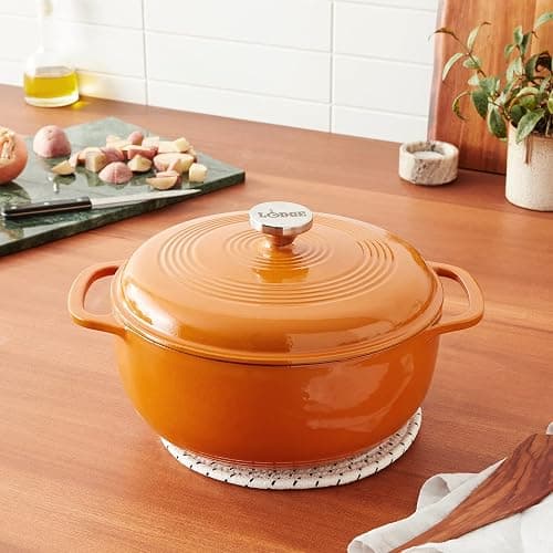 Lodge 6 Quart Enameled Cast Iron Dutch Oven with Lid – Dual Handles – Oven Safe up to 500° F or on Stovetop - Use to Marinate, Cook, Bake, Refrigerate and Serve – Apricot thumbnail 2