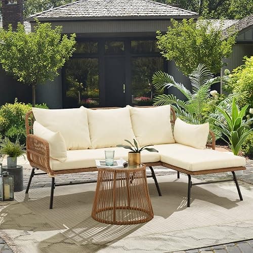 EROMMY 3 Piece Patio Furniture Set, L-Shaped Sectional Conversation Sofa Set with Thick Cushions and Toughened Glass Coffee Table for Backyard Balcony Garden Porch, White thumbnail 8