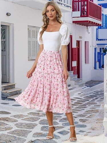 Allegra K Women's Floral Skirt Chiffon A-line Long Tiered Ruffle Boho Summer Midi Skirts thumbnail 2