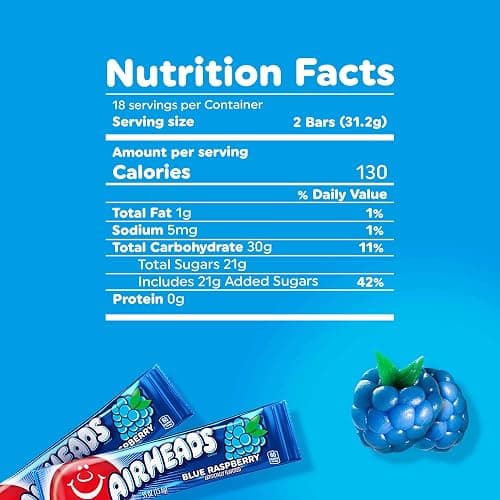 Airheads Full-Size Candy Bars, Taffy Candy Bulk Pack, Individually Wrapped, Blue Raspberry Fruit Flavor Artificially Flavored, 36 Count Box thumbnail 2
