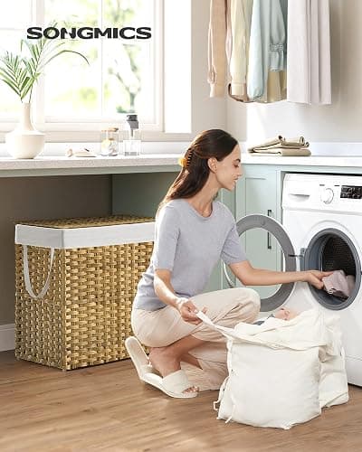 SONGMICS Laundry Hamper with Lid, 130L Clothes Hamper with 2 Removable Liner Bags, 6 Mesh Bags, Wicker Laundry Basket, Double Laundry Hamper for Bathroom, 13 x 26 x 23.6 Inches, Natural ULCB253N01 thumbnail 4