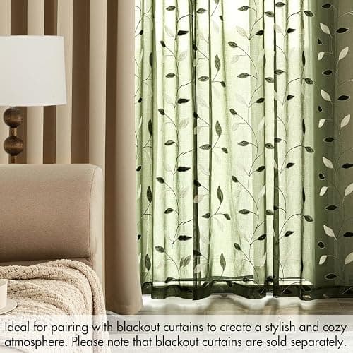 MIULEE Olive Green Sheer Curtains 2 Panels Embroidered Leaf Patterned Rod Pocket Floral Semi Faux Linen Window Curtains Drapes Set for Living Room Bedroom Dining Room, 52x84 Inches Long thumbnail 7