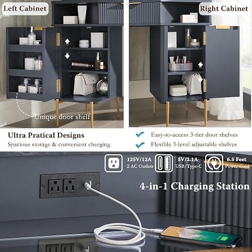T4TREAM Corner Vanity Desk with Mirror and Lights, 48" Modern Fluted Makeup Vanity with Glass Top, 3-Panel Lighted Mirror & Charging Outlet, Dressing Table with 3 Drawers & 2 Cabinets, Dark Grey thumbnail 6