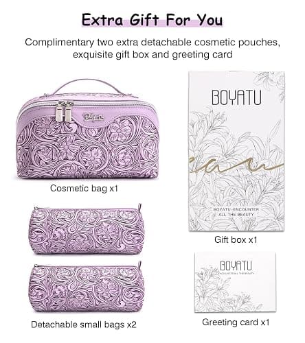 BOYATU Travel Makeup Bags Cosmetic Organizer Bag: 3 Pcs Set Large Capacity Floral Make up Bag with Compartments - Waterproof Leather Toiletry Bags with Handle for Women (21-Purple) thumbnail 7