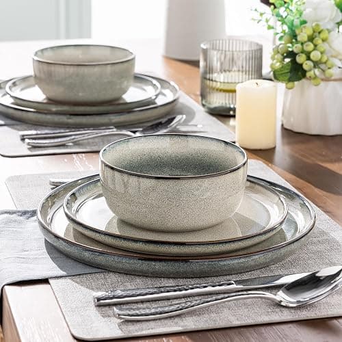 GBHOME Ceramic Dinnerware Sets for 4, 12 Pieces Stoneware Plates and Bowls Sets, Reactive Glaze Dishes -Scratch Resistant, Dishwasher&Microwave Safe, Green Wheat thumbnail 7